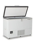 White industrial-grade freezer with a hinged lid and ventilation grille on the side.