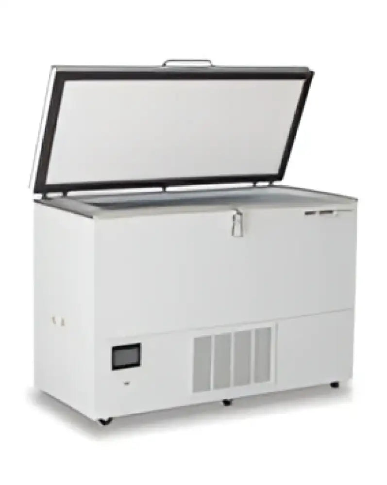 White industrial-grade freezer with a hinged lid and ventilation grille on the side.