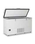 White chest freezer with a hinged lid and ventilation grilles on the side.