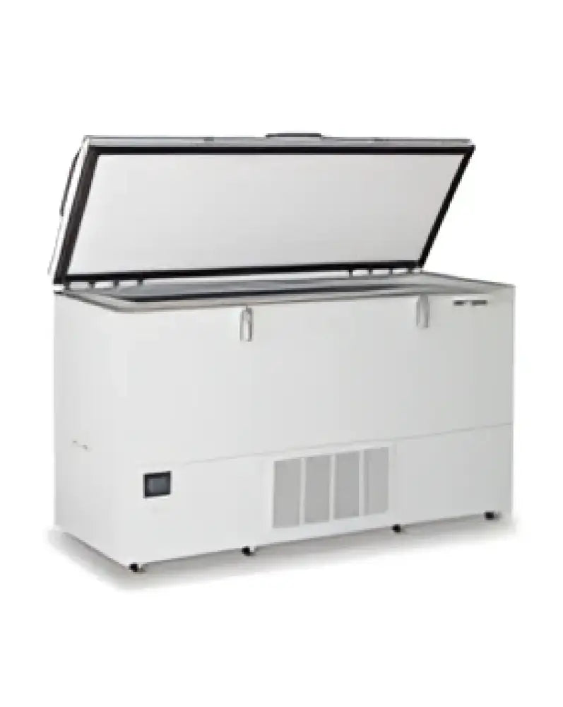 White chest freezer with a hinged lid and ventilation grilles on the side.