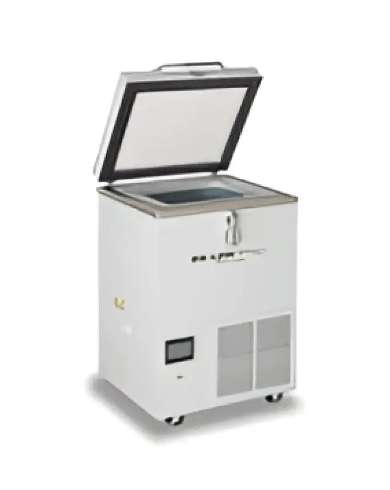 White upright freezer with a hinged lid and front ventilation grille.