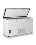 White, rectangular chest freezer with a hinged lid and ventilation grilles on the side.