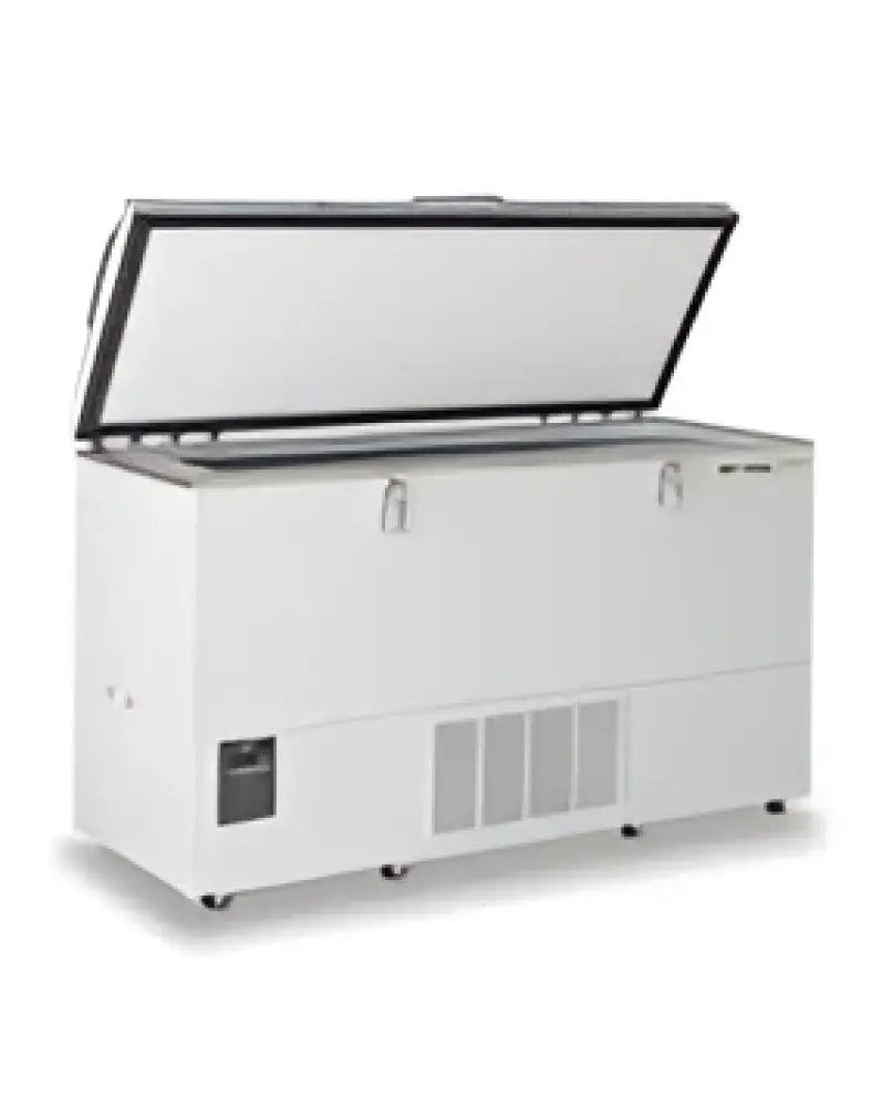 White, rectangular chest freezer with a hinged lid and ventilation grilles on the side.