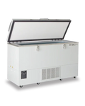 White so-low brand chest freezer with a hinged lid, silver trim, and front-mounted ventilation grille.