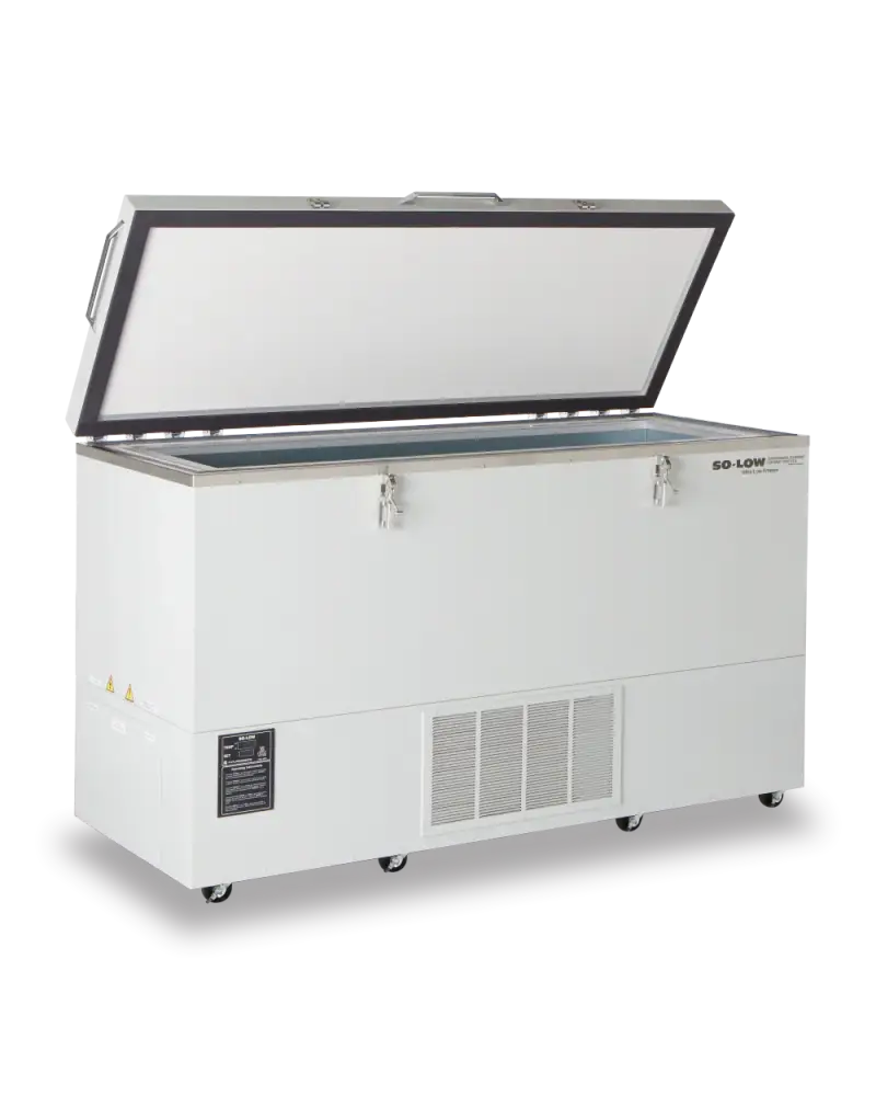White so-low brand chest freezer with a hinged lid, silver trim, and front-mounted ventilation grille.