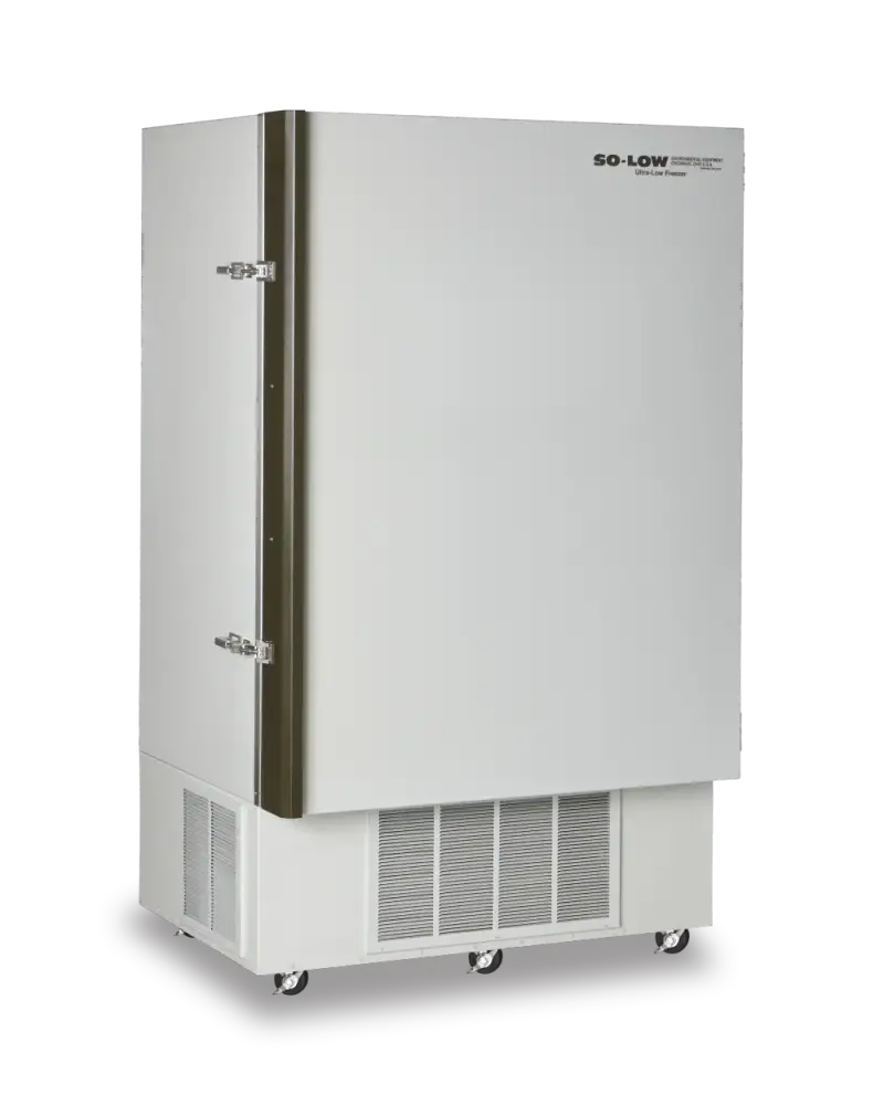 White so-low brand deep freezer with a tall, rectangular design and metallic handle.