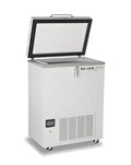 White, upright freezer with a digital display and handle on the lid.