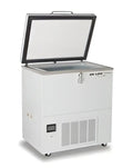 White upright freezer with a hinged lid and ventilation grille on the front.