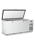 White commercial freezer with a black lid and handle, featuring ventilation grilles on the side.