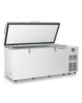 White so-low brand deep freezer with a hinged lid, metallic interior, and control panel on the side.