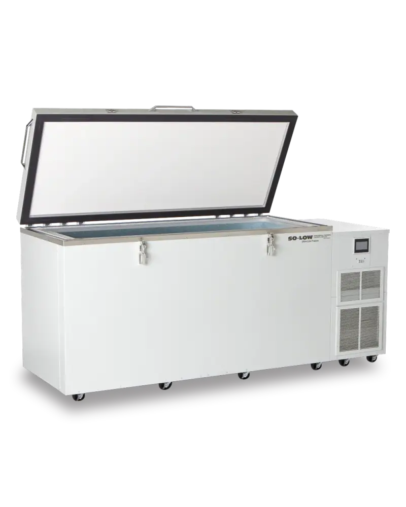 White so-low brand deep freezer with a hinged lid, metallic interior, and control panel on the side.